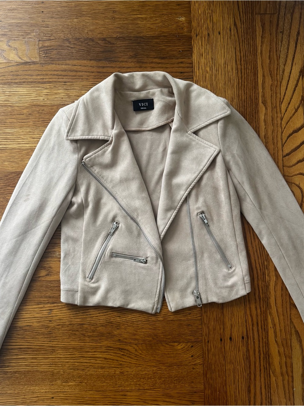 VICI Beige Suede Moto Jacket with Silver Zippers